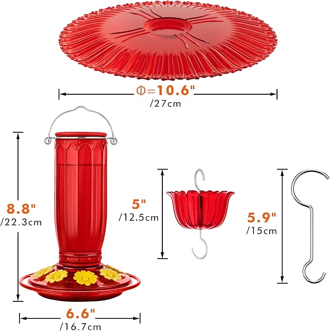iBorn Hummingbird Feeders for Outdoors Hanging w/Sun Baffle,Ant Proof Moat for Hummingbird Feeder Glass, 8 Ports 16oz Humming Bird Nectar,Red Glass, Red Base,Pack of 1,2025 New