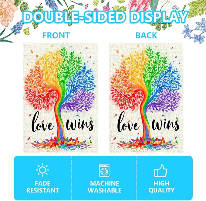 Pride Garden Flag 12x18 Inch, Rainbow Tree Love Wins Double Sided Flag for Yard Outdoor Decoration