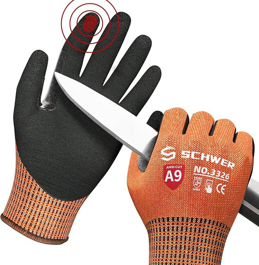 Schwer ProGuard Highest Level Cut Resistant Work Gloves PR3326 for Extreme Protection，ANSI A9 Cut Gloves with Reinforced Thumb, Non Slip, Breathable, Durable, Touch-screen, Orange 1 Pair（L）