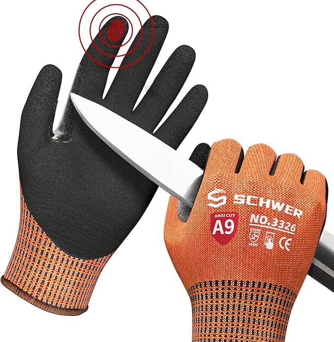 Schwer ProGuard Highest Level Cut Resistant Work Gloves PR3326 for Extreme Protection，ANSI A9 Cut Gloves with Reinforced Thumb, Non Slip, Breathable, Durable, Touch-screen, Orange 1 Pair XL