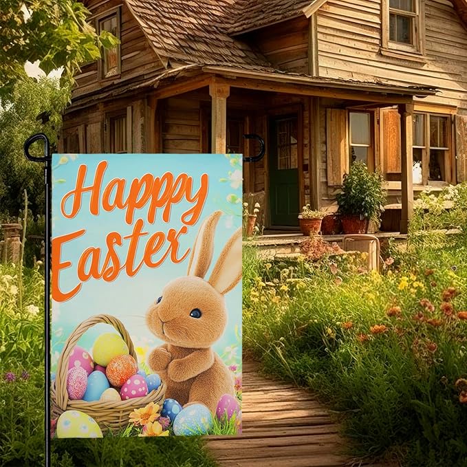 Happy Easter Bunny Garden Flag 12x18 Inch Double Sided Rabbits Colorful Eggs Yard Flags Spring Floral Small Flags for Outside Graden Home Decorations