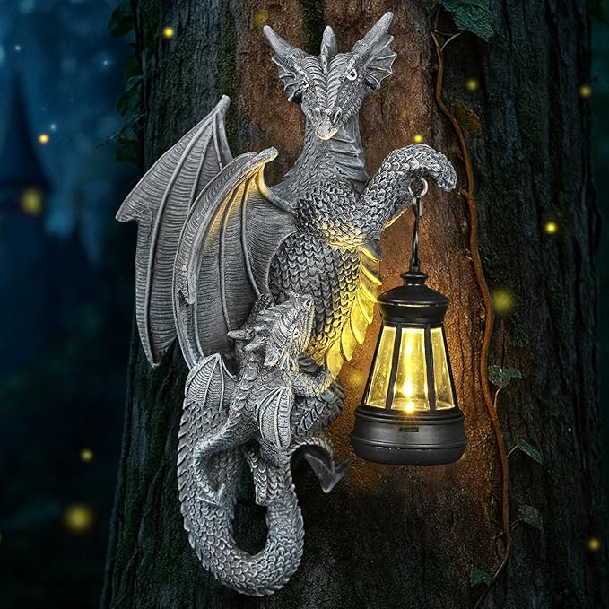 Solar Garden Decor Dragon Tree Hugger Garden Statues Lawn Ornaments for Outside Balcony Yard Whimsical Art Outdoor,Medieval Fantasy Halloween Decor