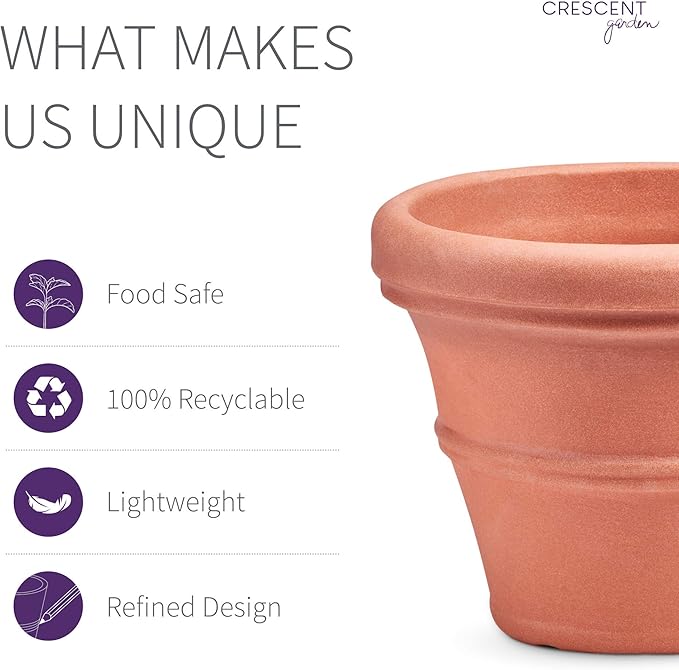 Crescent Garden Brunello Classic Rolled Rim Planter, Indoor/Outdoor Weather-Safe Round Plant Pot, Large Plastic Flowerpot for Flowers, Faux Plants, Trees - 27'' W (Terracotta Color)