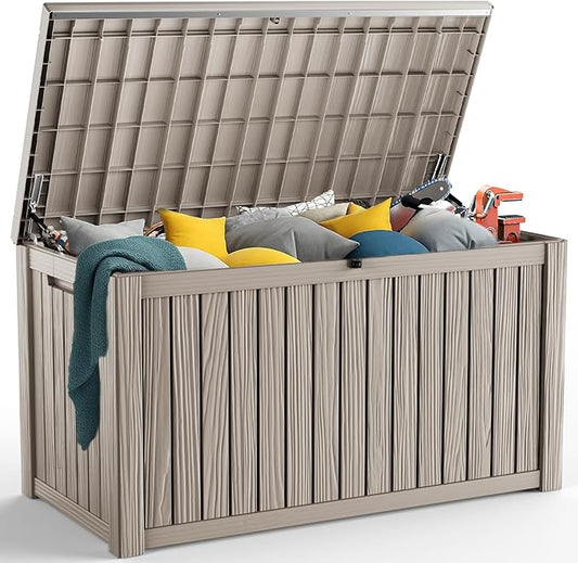 200 Gallon Resin Deck Box, Lockable Patio Outdoor Storage Box for Furniture, Garden Tools and Tools Storage, Waterproof Outside Storage Boxes - Grey