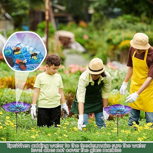 Tandefio 2 Pack Bee Watering Station Metal Butterfly Water Feeder Cup with 60 Colorful Glass Marble Vivid Flower Butterfly Bee Bath Bowl for Outdoor Garden Yard Decor(Blue Purple)