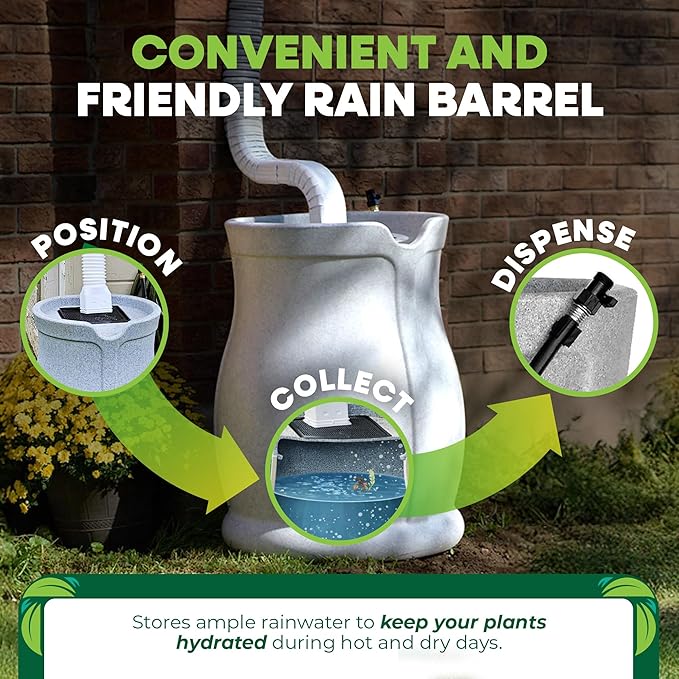 FCMP Outdoor Catalina 45-Gallon Rain Barrel – BPA-Free Flat-Back Design with 3.5 Foot Garden Hose, Shut-Off Thumb Valve, and Fixed Lid (RB-CAT-LTGRNT) Light Granite