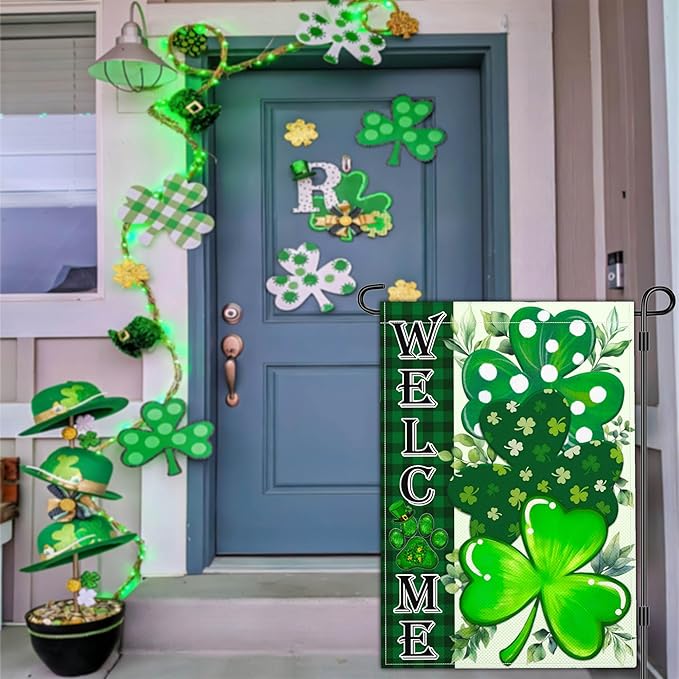 St Patricks Day Garden Flag Shamrock Lucky Irish Blessing Garden Flag Happy St Patrick's Day Yard Decor Garden Flags for Outside 12×18 Inch Double Sided Outdoor House Holiday Decorations