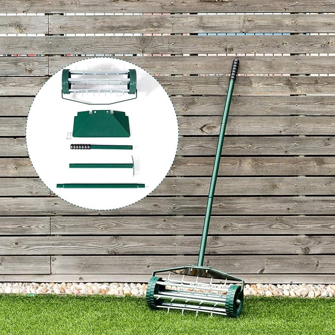 Goplus Rolling Lawn Aerator, 18-Inch Garden Yard Rotary Push Tine Heavy Duty Spike Soil Aeration, Manual Lawn Aeration Tool w/ 41-Inch Handle (Green w/Fender)
