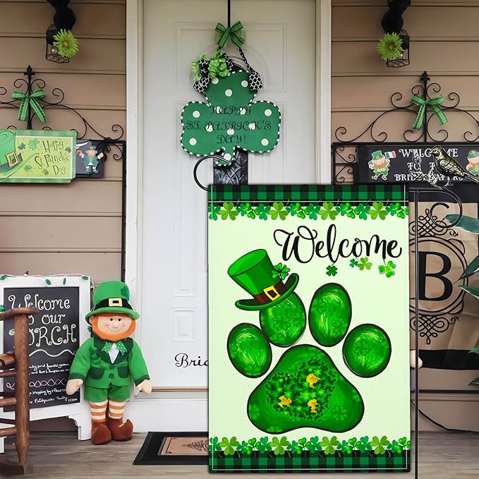 Welcome St Patricks Day Garden Flag Shamrock Irish Dog Paw Garden Flag Happy St Patrick's Day Yard Garden Flags for Outside 12×18 Inch Double Sided Outdoor House Holiday Decorations