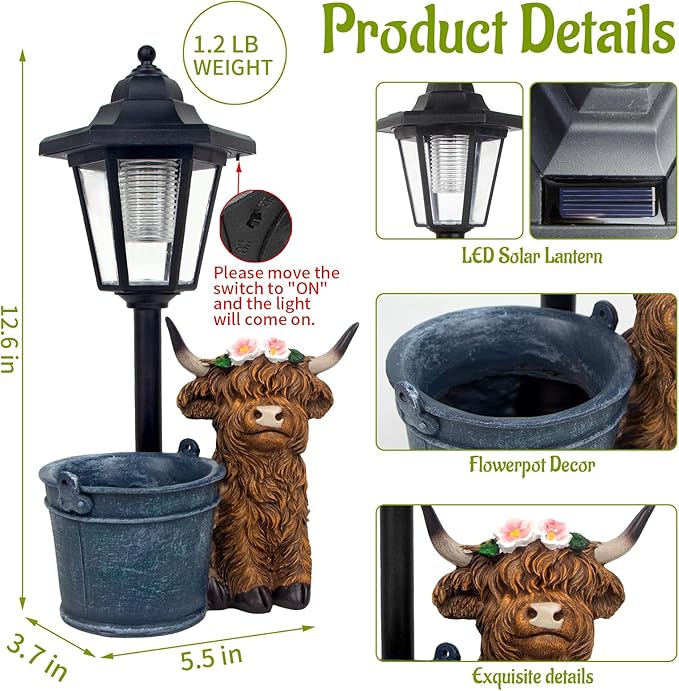 Solar Highland Cow Outdoor Statue, Garden Decor with Flowerpot & Lantern Highland Cow Figurines for Yard Art Lawn Ornaments Porch Patio Balcony - Gifts for Women Mom