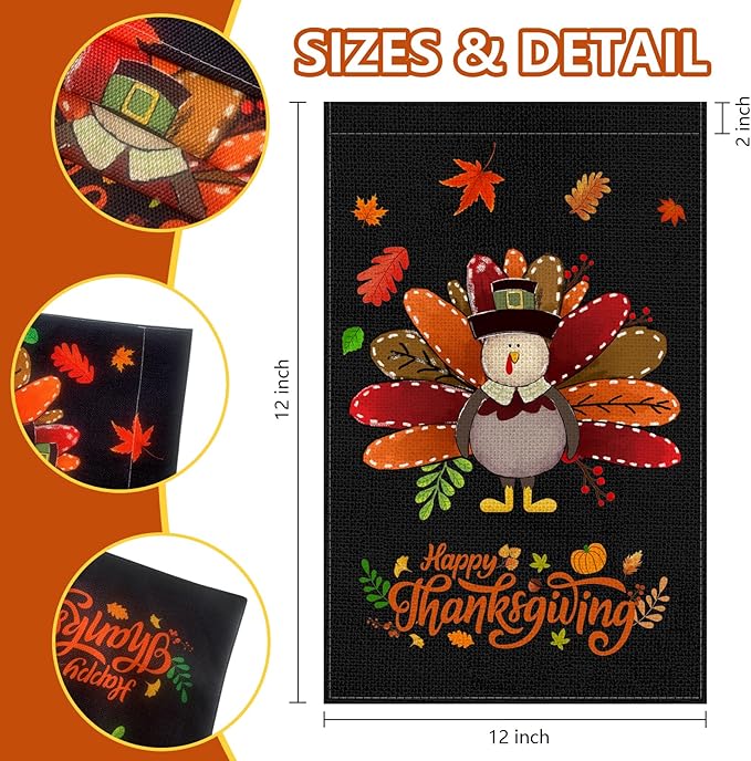 Fall Thanksgiving Turkey Garden Flag 12x18 Inch, Double Sided Bless Harvest Holiday Burlap Yard Flag for Outdoor Decoration