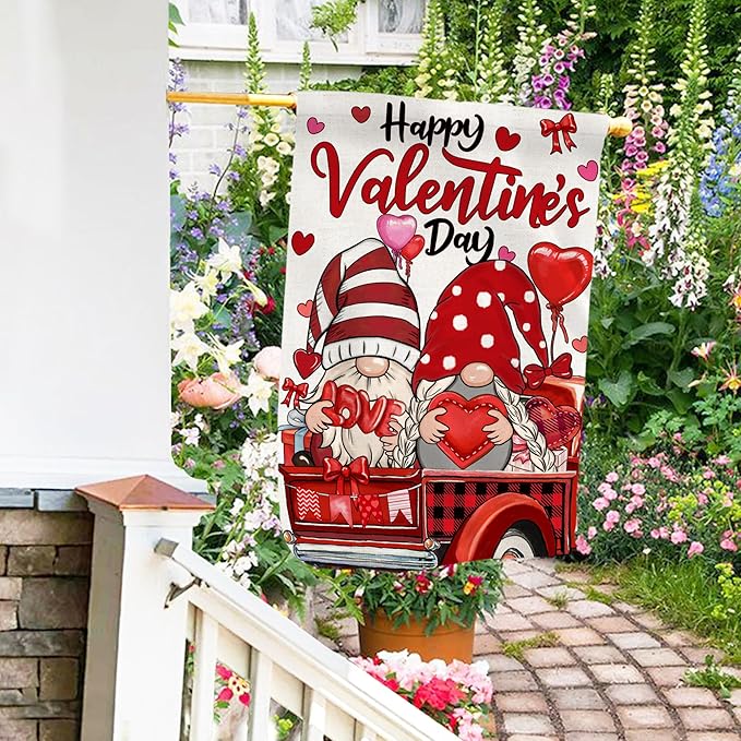 Valentines Gnomes House Flag, Happy Valentines Gnomes Outdoor Decor Gnomes Truck Flag 28x40 Double Sided Red, Valentine Decorations Burlap Flags Rustic Welcome Love Outdoor