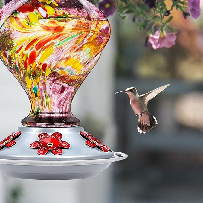 Hummingbird Feeders for Outdoors Hanging, BOLITE Glass Hummingbird Feeder, Hand Blown Twisted with Ant Moat and Five Feeding Ports, 24 Ounces, Leak Proof, Purple, Gifts for Women Men