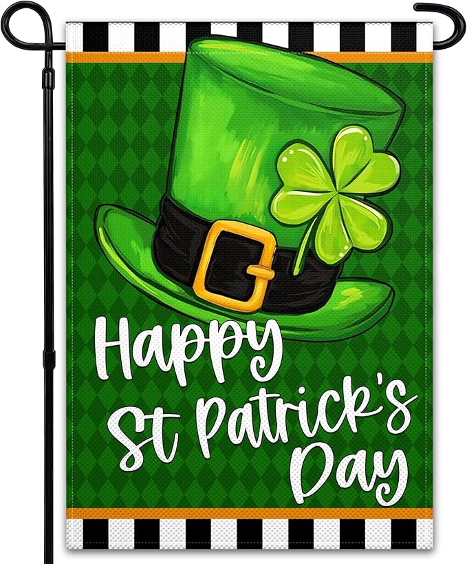 Happy St Patricks Day Garden Flag 12x18 Inch Shamrock Top Hat Garden Flag for Outdoor Indoor House Outside Yard Green Shamrock Holiday Signs Decorations