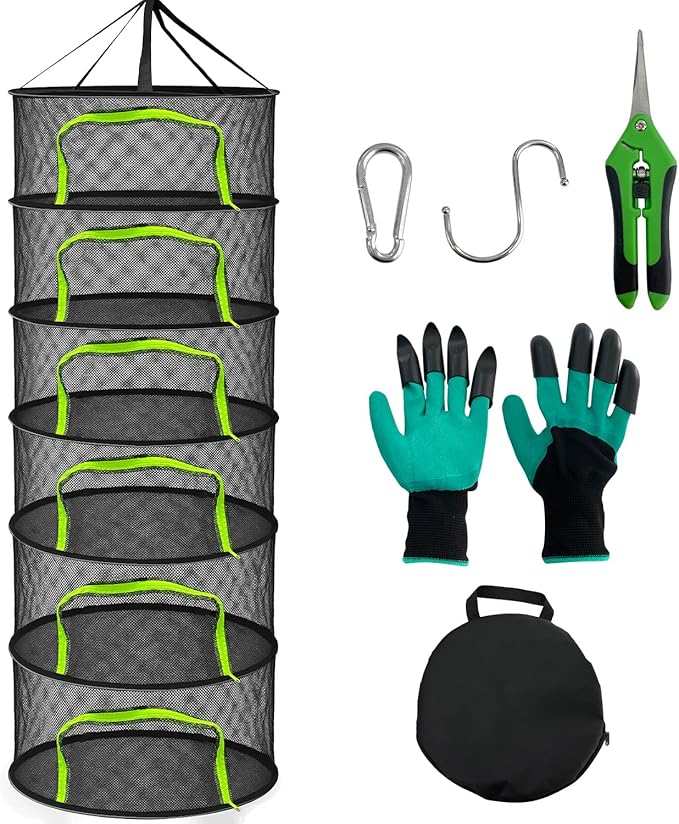 6 Layer Drying Rack Hanging Mesh, Zippered Herb Drying Rack, with Gloves, Garden Pruning Shear, Hook & Carabiner Clip for Drying Herbs, Plants, Seeds, Buds