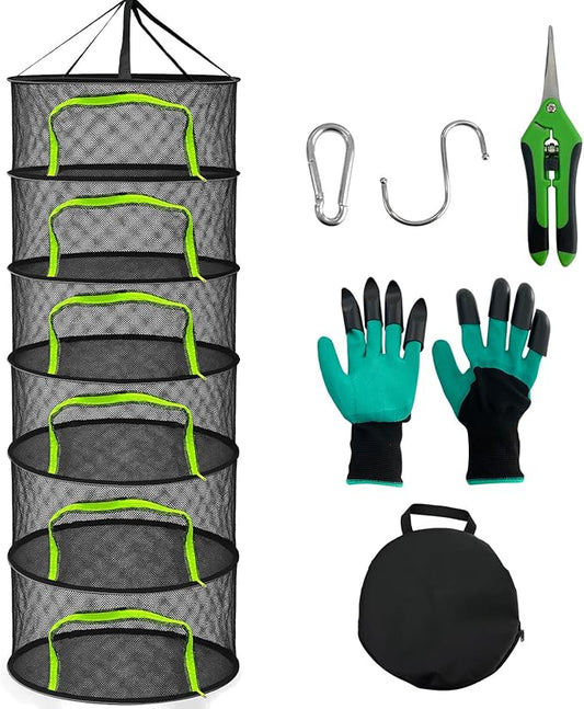 6 Layer Drying Rack Hanging Mesh, Zippered Herb Drying Rack, with Gloves, Garden Pruning Shear, Hook & Carabiner Clip for Drying Herbs, Plants, Seeds, Buds