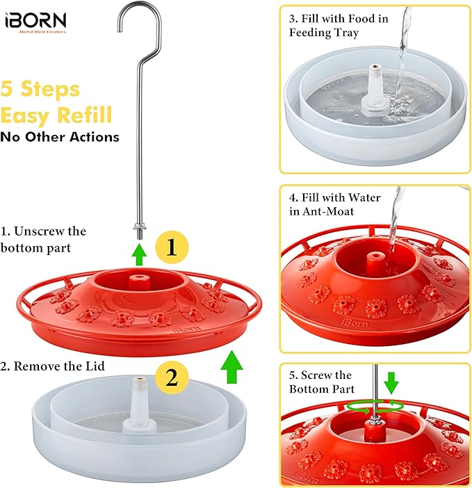 iBorn Hummingbird Feeders for Outdoors Hanging,Bee Proof Hummingbird Feeder with 14 Feeding Ports,13 OZ Saucer Humming Bird Feeders with Ant Moat,Ant Proof No Leak,Easy to Clean and Refill,2 Pack,Red