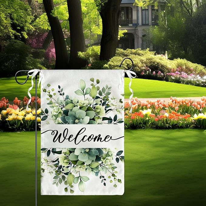 Spring Summer Welcome Garden Flags 12x18 Inch Double Sided Green Eucalyptus Leaves Floral Garden flag Seasonal Yard Flags for Outside Decorations Banner for Outdoor Farmhouse Yard