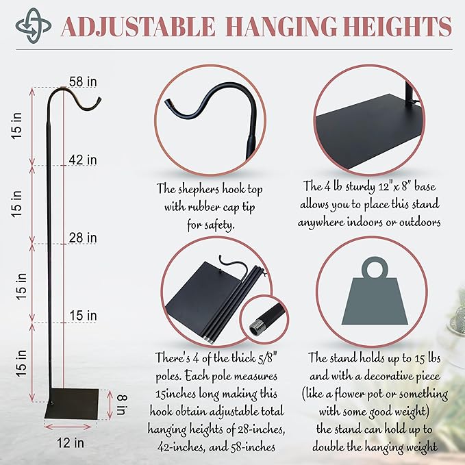 The Wind Chime CO 60" Adjustable Heavy Duty Shepherd's Hook Floor Stand Garden Hook for Outdoor, Hanging Plant, Solar Lights, Lanterns, Bird Feeders and Wedding Decor.
