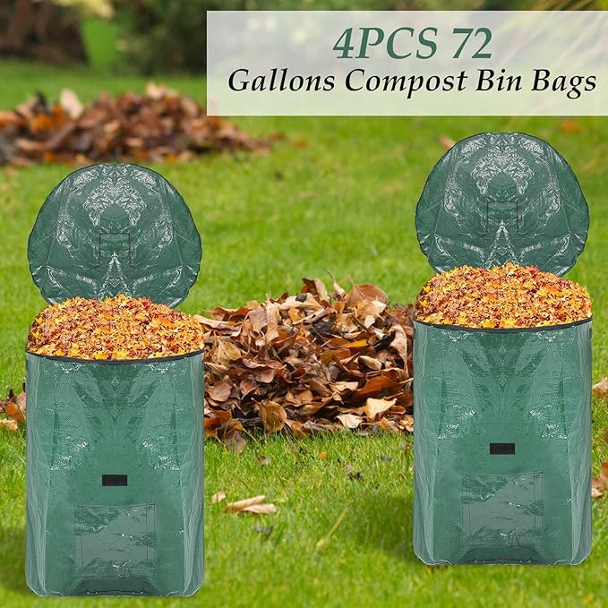 Berlune 4 Pack 72 Gallons Reusable Yard Waste Bag Garden Lawn Leaf Collector Bag Large Heavy Duty Collapsible Compost Bin with Lid and Handles for Outdoor Debris Leaves Grass Clippings