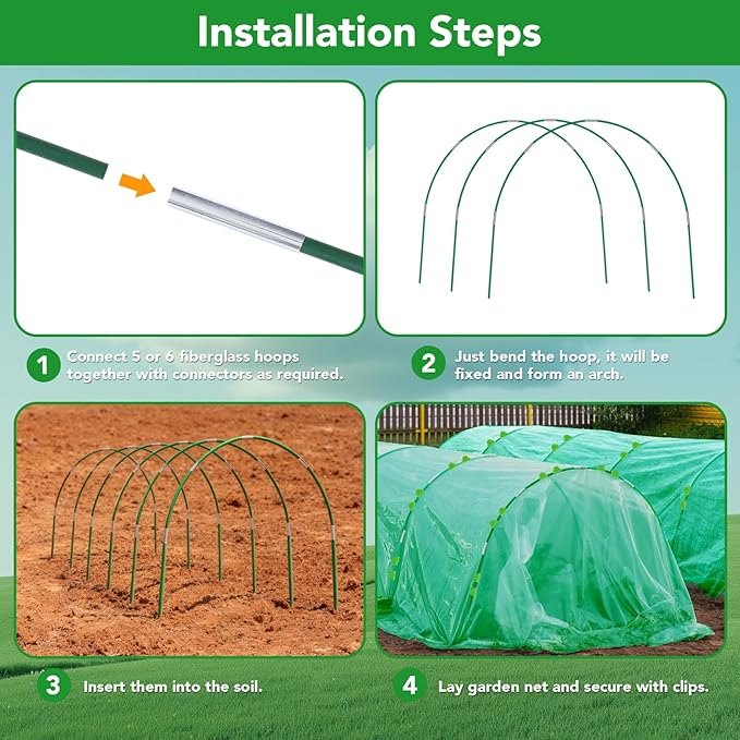 Garden Mesh Netting Kit for Raised Beds, 10x30FT Green Garden Netting ＆6 Sets Fiberglass Garden Hoops, Row Cover Garden Netting Pest Barrier Plant Protection for Vegetable Flowers Fruits