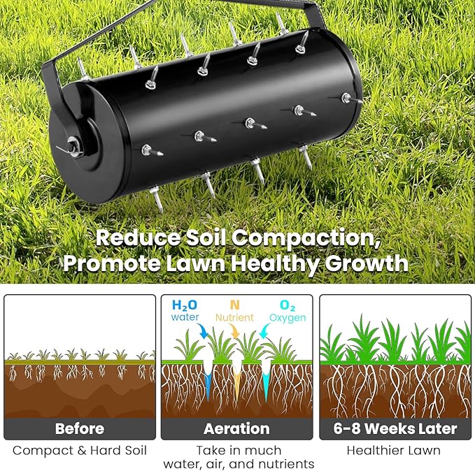 Goplus Rolling Lawn Aerator, 18-Inch Garden Yard Rotary Push Tine Filled Sand Stone, Heavy Duty Spike Soil Aeration w/Metal Handle, Fillable Drum 51" Manual Lawn Aeration Tool Garden Grass Patio Yard