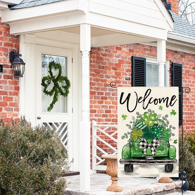 AVOIN colorlife St Patricks Day Truck Garden Flag 12x18 Inch Double Sided Outside, Lucky Shamrocks Clovers Welcome Yard Outdoor Decoration
