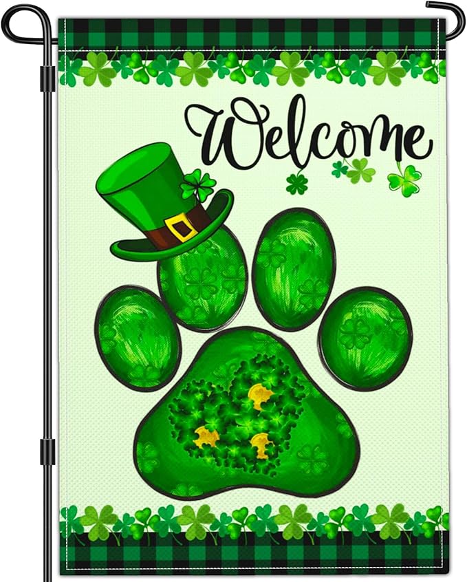 Welcome St Patricks Day Garden Flag Shamrock Irish Dog Paw Garden Flag Happy St Patrick's Day Yard Garden Flags for Outside 12×18 Inch Double Sided Outdoor House Holiday Decorations