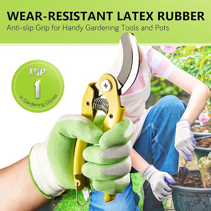 COOLJOB 10 Pairs Gardening Gloves for Women Ladies, Breathable Rubber Coated for Yard Garden, Outdoor Indoor Protective Work, Medium Size, Lavender Purple & Apple Green