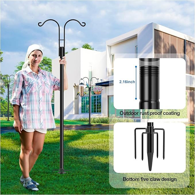 Ottsuls Bird Feeder Pole, 2 Pack 108 INCH Double Shepherds Hooks for Outdoor, Garden Pole with 5 Base Prongs Heavy Duty Planter Hooks for Hanging Plant Baskets, Lantern, Hummingbird Feeder