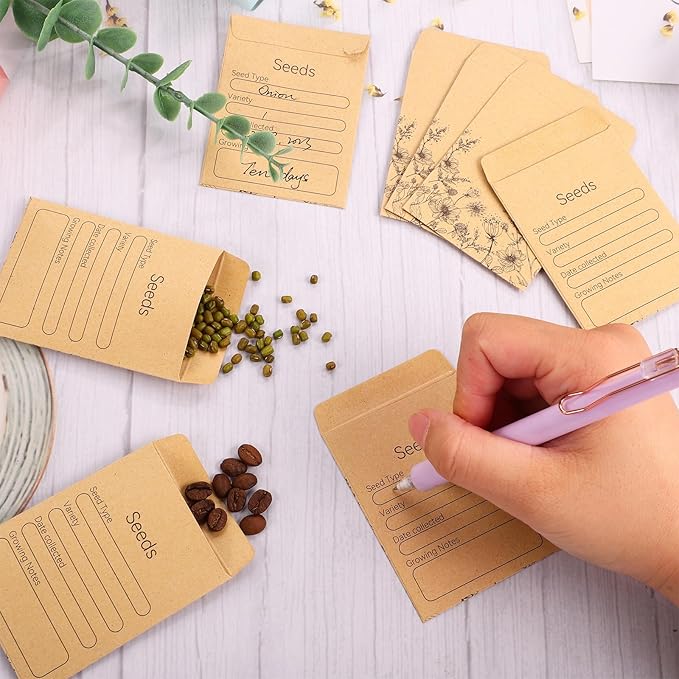 300 Pieces Seed Envelopes 3.15 x 2.36in Seed Packets Envelope with Preprinted Small Envelope Collecting Template for Flower Vegetable Seeds Storage