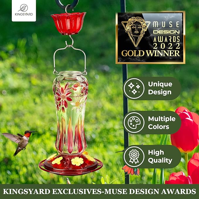 Kingsyard Glass Hummingbird Feeders for Outdoors Hanging, 25 oz Leak Proof Hummingbird Feeder with Ant Moat & 6 Bee Proof Feeding Ports, Red