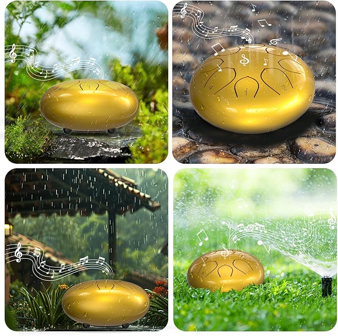 Rain Drum for Outside Garden, 6 Inches 8 Notes Steel Tongue Drums, Waterproof Meditation Rain Chime, Musical Instruments for Adult Gift with Bag, Music Book, Mallets (Gold)