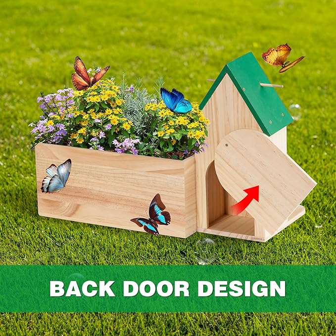 Wooden Butterfly House for Garden, Butterfly House and Feeder with Flower Pot, Natural Butterflies Habitat Butterfly Shelter Hotel for Butterflies, Bees, Ladybug