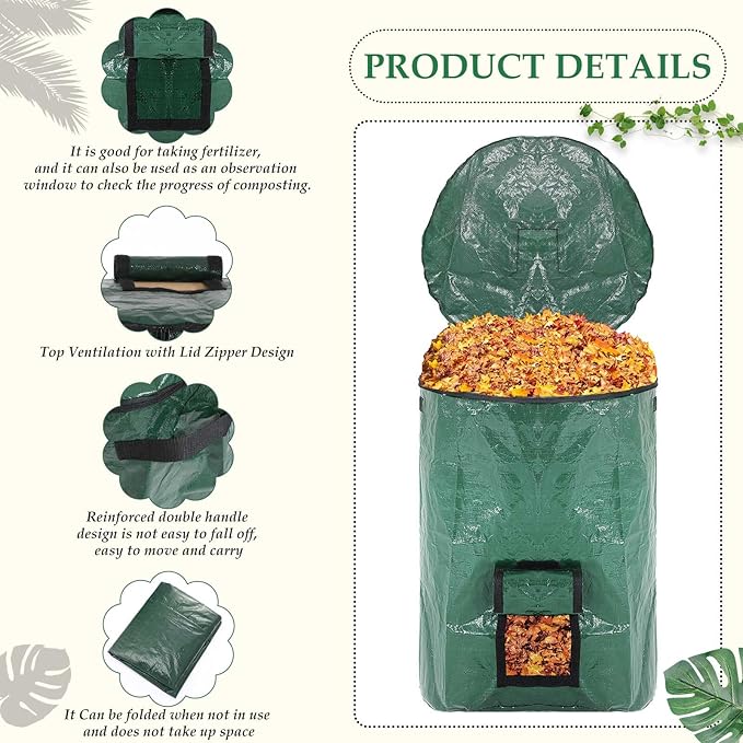Berlune 4 Pack 132 Gallons Reusable Yard Waste Bag Garden Lawn Leaf Collector Bag Large Heavy Duty Collapsible Compost Bin with Lid and Handles for Outdoor Debris Leaves Grass Clippings