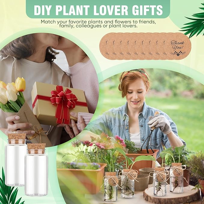 Baderke 3.54'' Plastic Plant Propagation Stations with Hole Lid 4oz Planter Vase Clear Propagation Jars with Thank You Tags for Plant Lover Gifts for Women Office Home Garden(12 Pack)