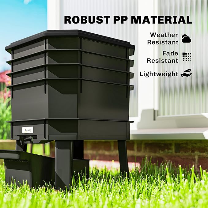 Outsunny 4-Tray Worm Composter Bin, 7.4 Gal Outdoor & Indoor Worm Composter, Farm Starter Kits for Vermicomposting Starter, Garden Composting Bin for Recycling Food Waste, Black