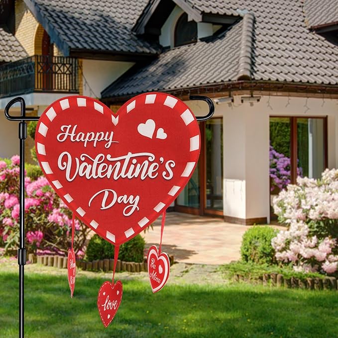 Valentine Garden Flag Banner Outdoor Decorations for Outside Double-Sided Printed, Pink Red White Heart Valentine's Day Yard Flags House Yard Spring Seasonal Decoration 16 x 39.5 Inch Striped Plaid