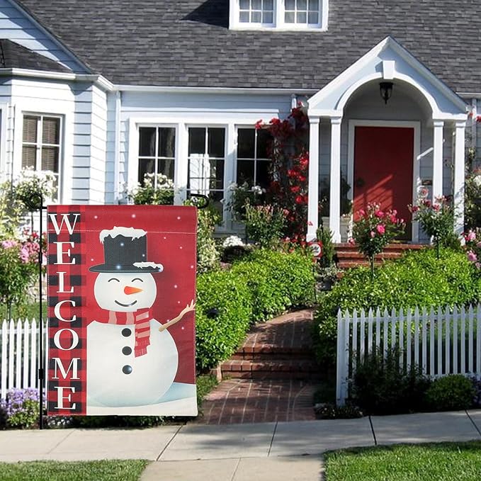 Christmas Garden Flag Decorations,12 * 18in Double Sided Snowman in Buffalo Plaid Scarf with "WELCOME" Sign Decor for Porch Yard Outdoor Holiday Festive Home Welcome