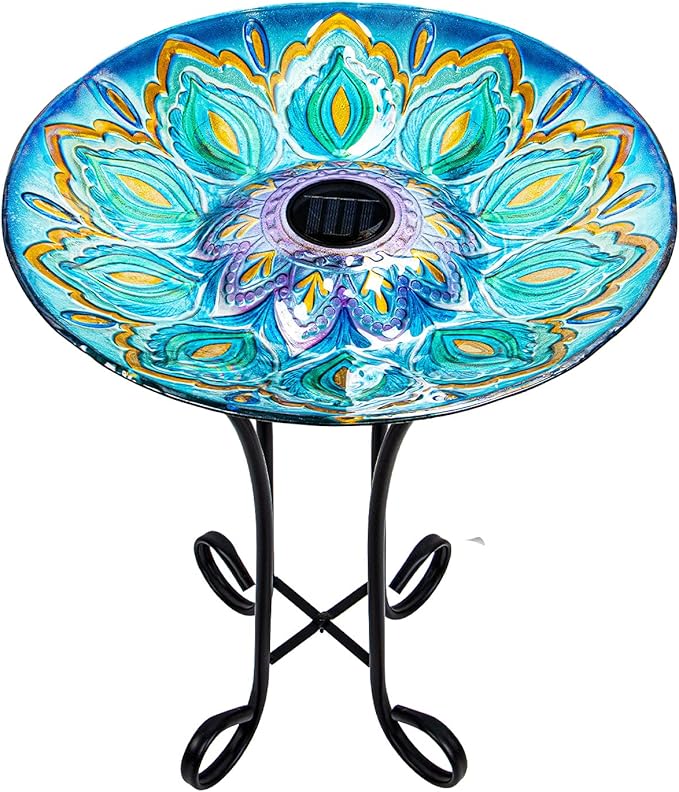 Glass Bird Bath Outdoor with Metal Stand for Lawn Yard Garden Decor Solar Large BirdBath Peacock Bird Feeder