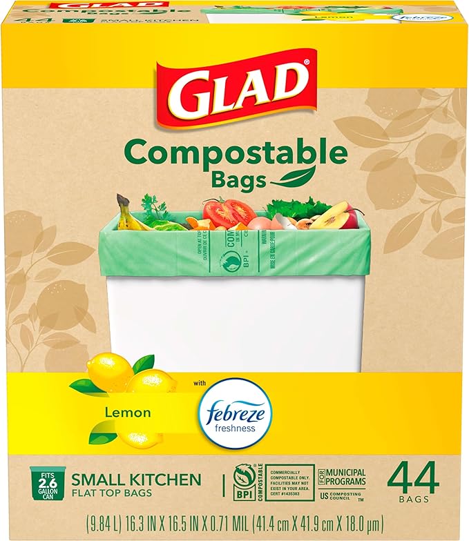 Glad Trash Bags, Kitchen Compost Bags 2.6 Gallon Garbage Bags, 100% Compostable Bag, Febreze Lemon, 44 Count (Package May Vary), Light Yellow