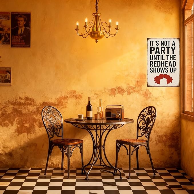 Funny Bar Party Redhead Sign –“IT’S NOT A PARTY UNTIL THE REDHEAD SHOWS UP” Retro Wall Decor for Home Bar, Game Room, or Party Space – Humorous Gift for Redheads, Friends, and Fun Lovers (Redhead)