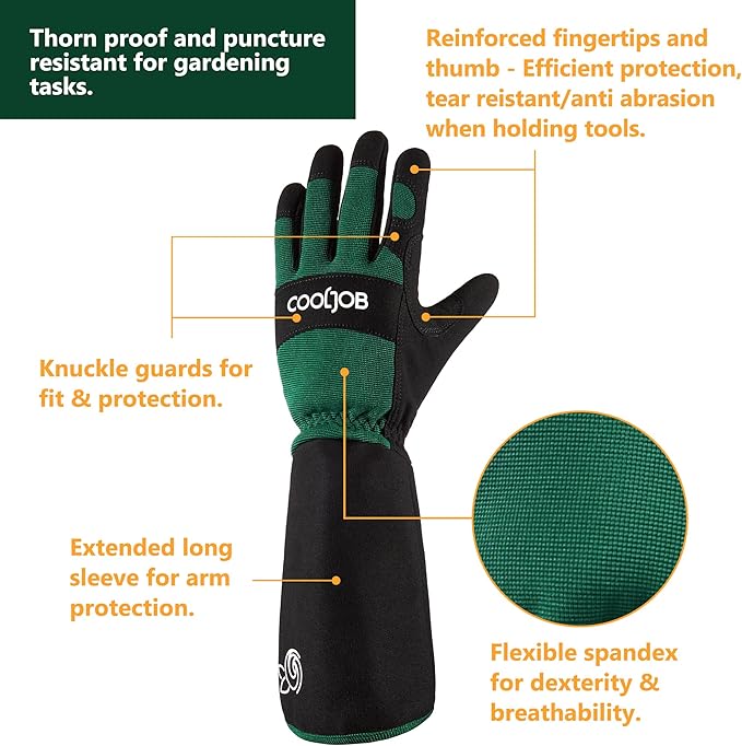 COOLJOB Thorn Proof Rose Pruning Garden Gloves for Men, Long Sleeve Padded Yard Work for Bush, Blackberry, Cactus, Heavy Duty/Puncture Resistant/Machine Washable, Medium, Green