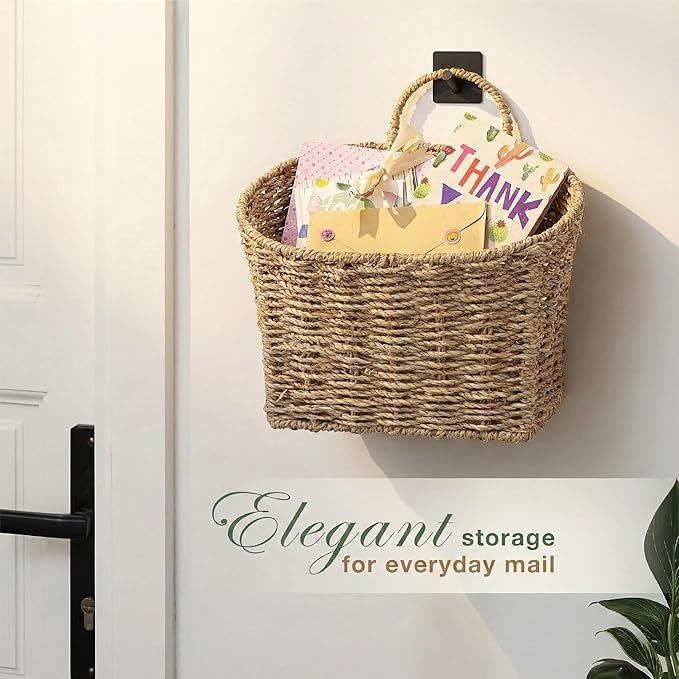 Set of 2 Wicker Hanging Basket for Organizing, Front Door, Mail, Flowers - Woven Wall Baskets for Storage (Seagrass)