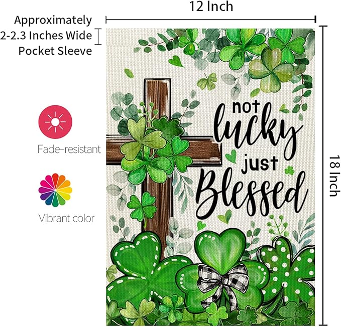CROWNED BEAUTY St Patricks Day Garden Flag Shamrocks Clover Cross Blessed 12x18 Inch Double Sided Green Holiday Decoration for Outdoor Lawn Yard CF1931-12