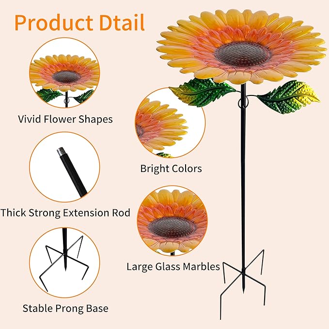Yellow Standing Bee & Butterfly Watering Station - Outdoor Bee Feeder with Glass Marbles, Metal Stakes | Bee Bath, Butterfly Puddler for Garden Yard Decor