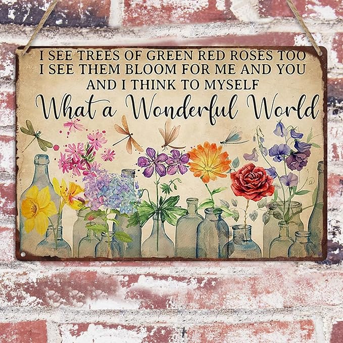 Gardening Sign What A Wonderful World Vintage Flower Tin Plate Sign for Outdoor Garden Greenhouse Yard 8x12 Inch