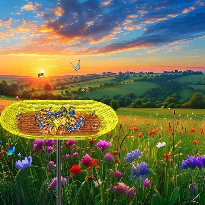 Bee Watering Station, Metal Butterfly Water Feeder with 30 Colorful Glass Marbles, Bee Waterer Feeder for Butterfly Bird Garden Outdoor Decors (Yellow Orange)