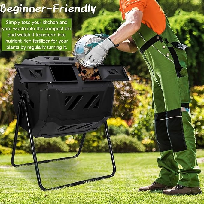 43 Gallon Large Composting Tumbler Dual Chamber Outdoor Garden Rotating Compost Bin Tumbling Composter with Sliding Door,Black