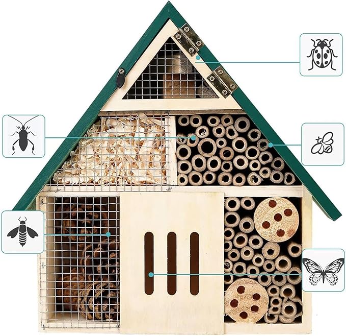 Bee House Hanging Insect Hotel – Natural Wooden Bee Hotel for Outdoors, DIY Insect Shelter for Garden, Yard, or Balcony – Attracts Pollinators Like Bees, Butterflies & Ladybugs